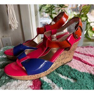 Euro Soft By Sofft Wedge Sandals Womens 8.5 Tamarah Colorful Pink Patent Leather